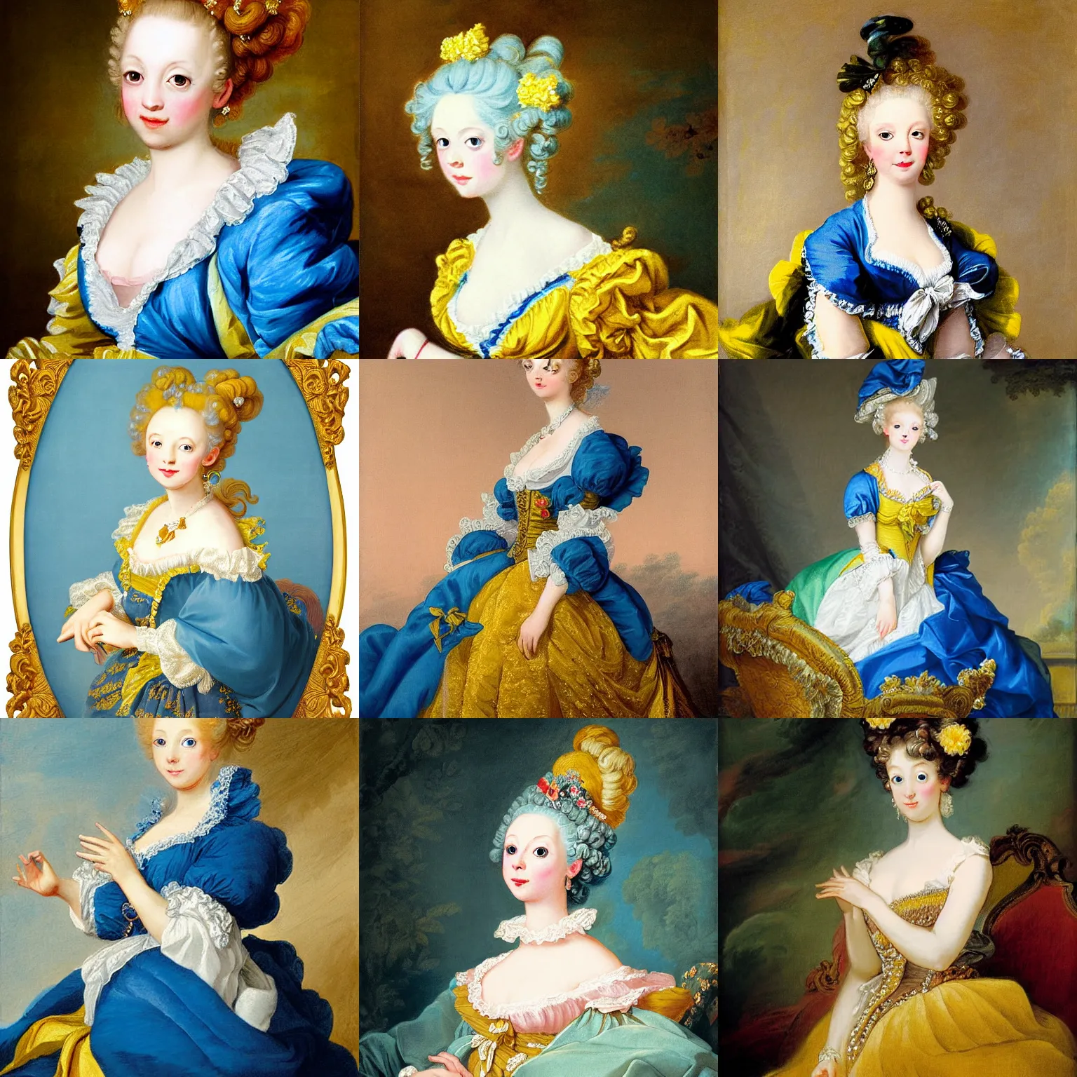 Prompt: portrait rococo painting of Princess Riliane Lucifen d'Autriche Vocaloid kagamine Rin with detailed blue eyes, yellow dress, by Jean‑Honoré Fragonard