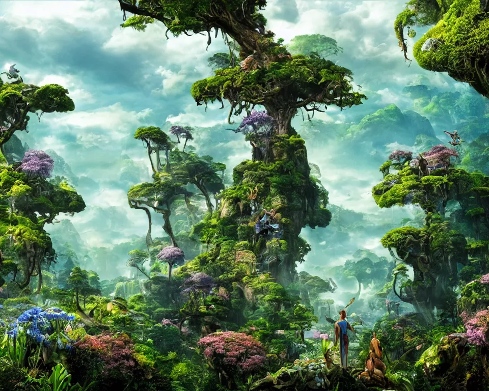 Prompt: the beastlands, avatar ( 2 0 0 9 ), lush landscape, jungle landscape, flowers