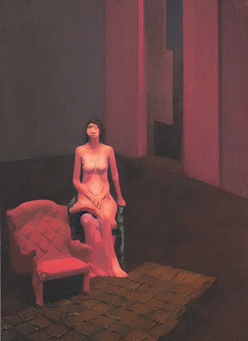 Image similar to woman sitting on a large throne next to a goat on rainy night by Edward Hopper and James Gilleard, Zdzislaw Beksinski, Katsuhuro Otomo highly detailed