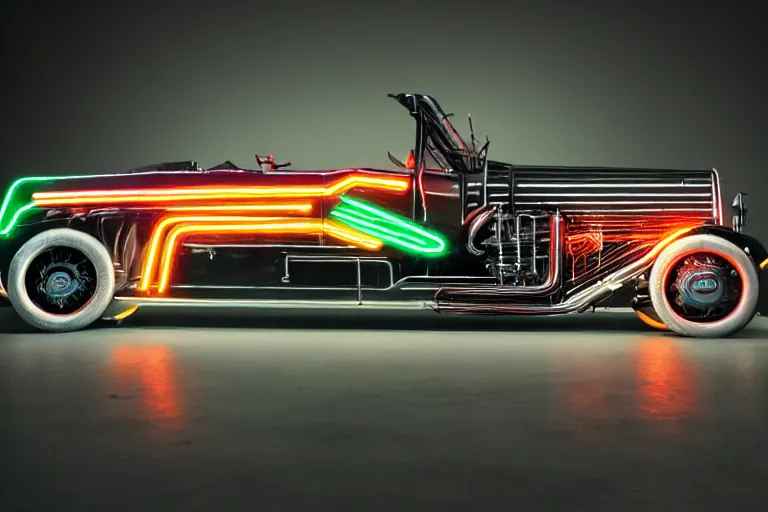 Image similar to cyberpunk version of a 1 9 3 0 cadillac v 1 6, neon