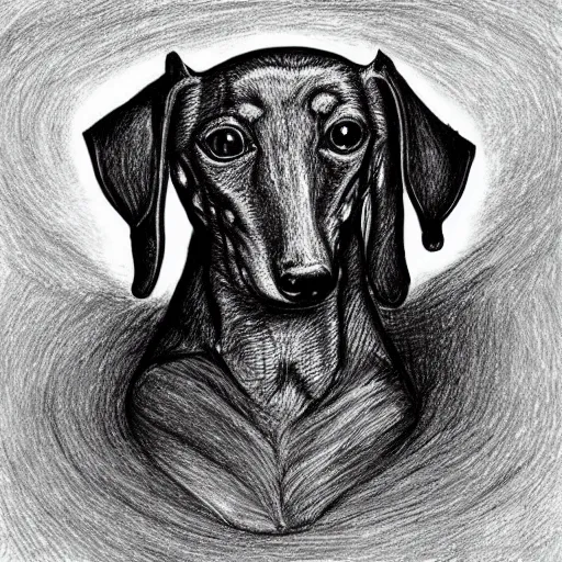 Image similar to “ a drawing of a dachshund in the style of hr giger, surreal, eerie ”