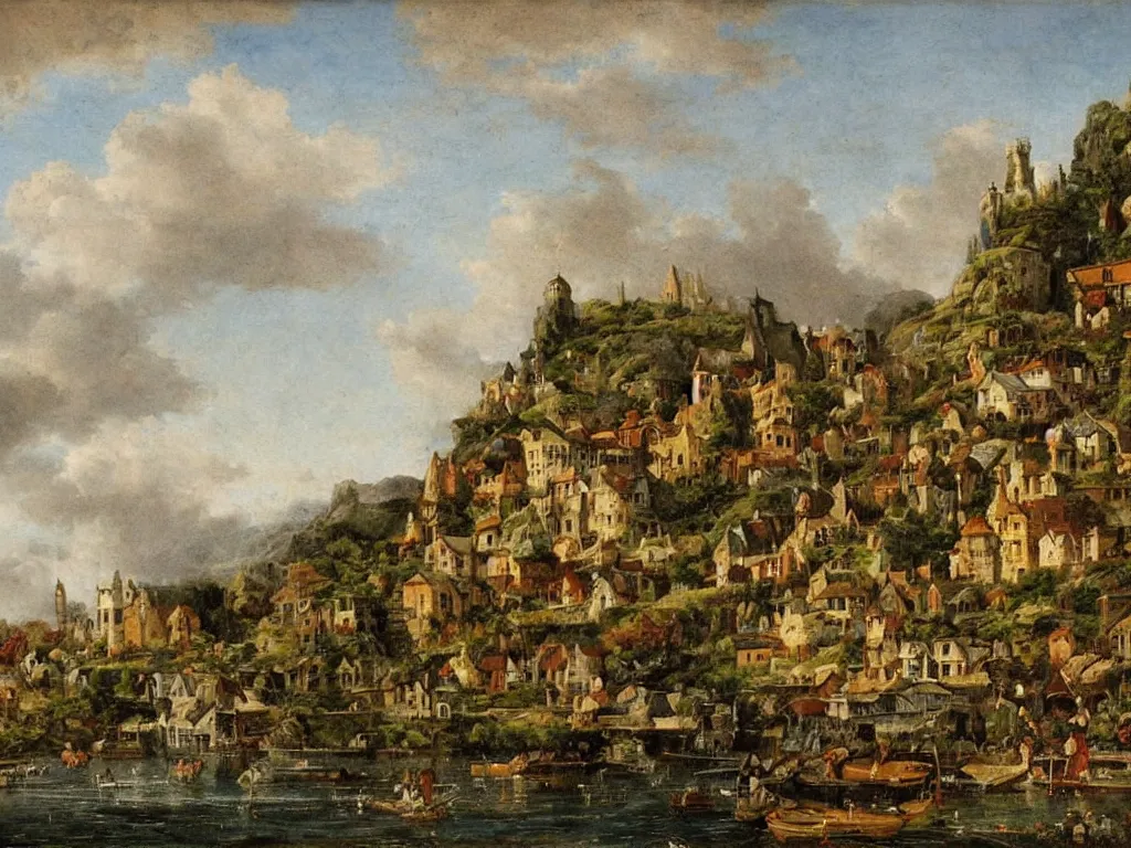 Prompt: a small fantasy village, viewed from the harbor, by jean - baptist monge,