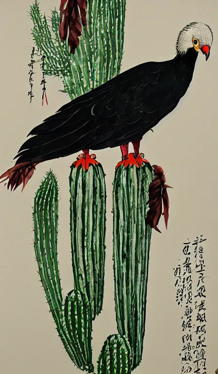 Prompt: Shen Quan's turkey vulture sitting on cactus , hanging scroll, ink and colours on silk, beautiful, muted