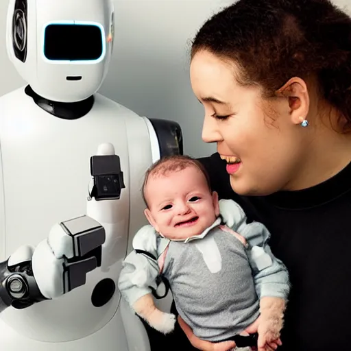 Prompt: cybernetic infant held lovingly by two robots