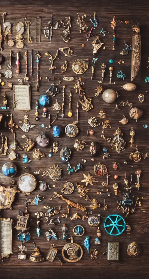 Image similar to a knolling of magical weapons, glowing potions, amulets, wands, spell-books and other magical apparatus, top down view, overhead view, flatlay