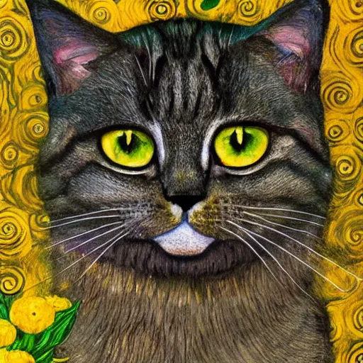 Image similar to portrait of a very fluffy dark tabby cat with green eyes, looking at the moon, full body, smiling cat, golden colors, flowers, canned cat food, intricate, elegant, highly detailed, smooth, sharp focus, illustration, art by gustav klimt