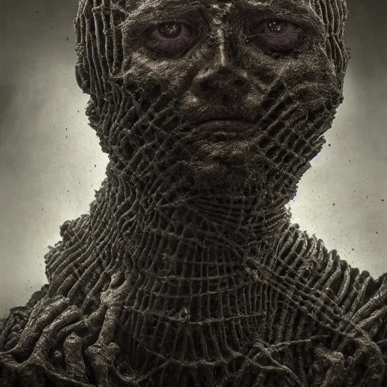 Prompt: ribbed man face portrait, covered with tubes, baroque painting, standing in a desolate empty wasteland, creepy, nightmare, dream-like heavy atmosphere, surreal abandoned buildings, beautiful detailed intricate insanely detailed octane render trending on Artstation, 8K artistic photography, photorealistic, chiaroscuro, Raphael, Caravaggio