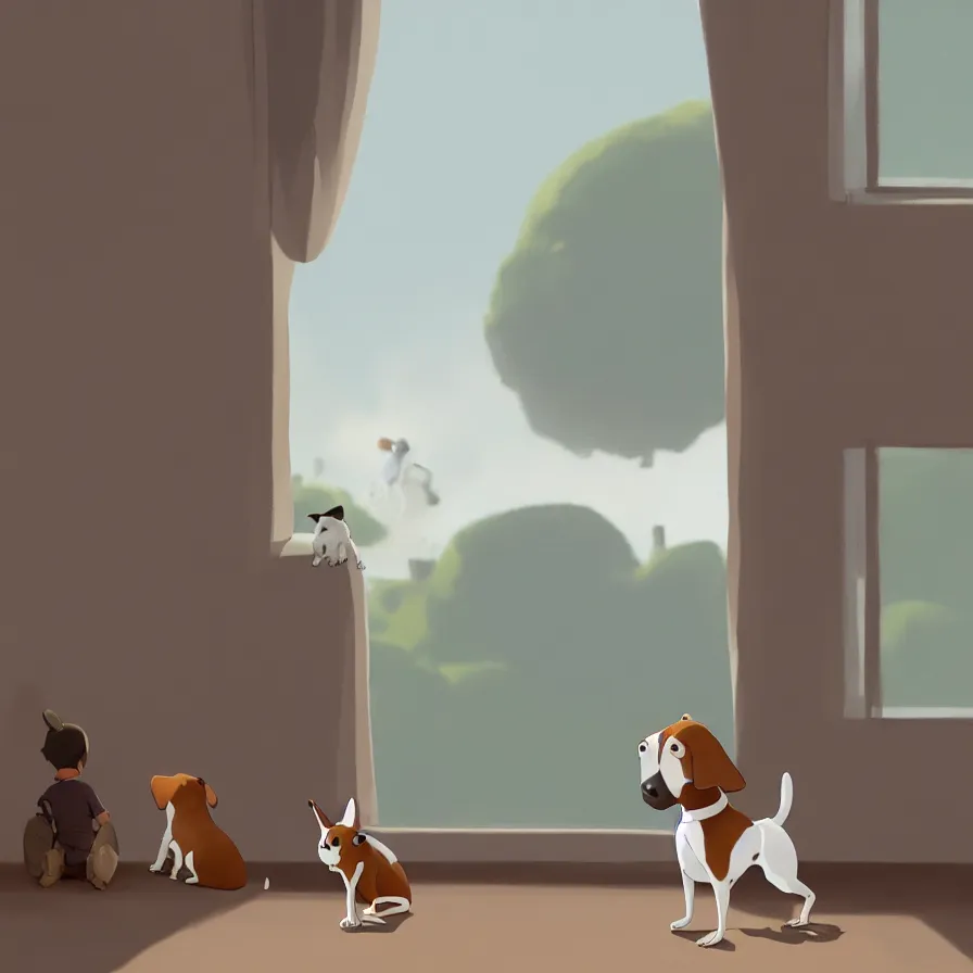 Prompt: Goro Fujita illustrating View from behind of a brown and white dog sitting, ears up and tail active, watching the living room window, There's only one dog! only one dog! only one dog! only one dog, art by Goro Fujita, sharp focus, highly detailed, ArtStation
