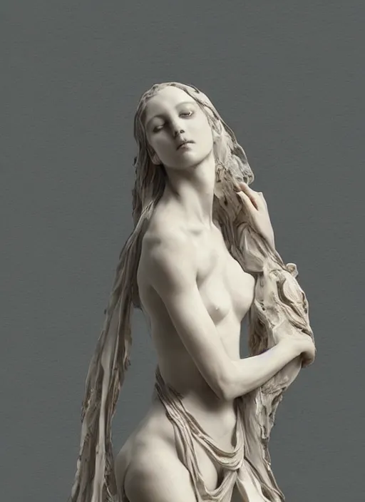 Image similar to marble sculpture of beautiful woman, flowing fabric by ruan jia, greg rutkowski, mucha, zbrush, mandelbulb ivory