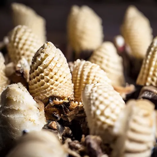 Image similar to a photograph of a clump of ice cream cones growing out of the cavity in a roast turkey like mushrooms. Shallow depth-of-field