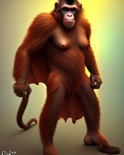 Prompt: fury art, an anthro ape monkey wearing a large cape and a fantasy armor, jungle, fiery background, 3 d, 8 k, extremely detailed, trending on furaffinity, trending on artstation, award winning, sharp focus, illustration