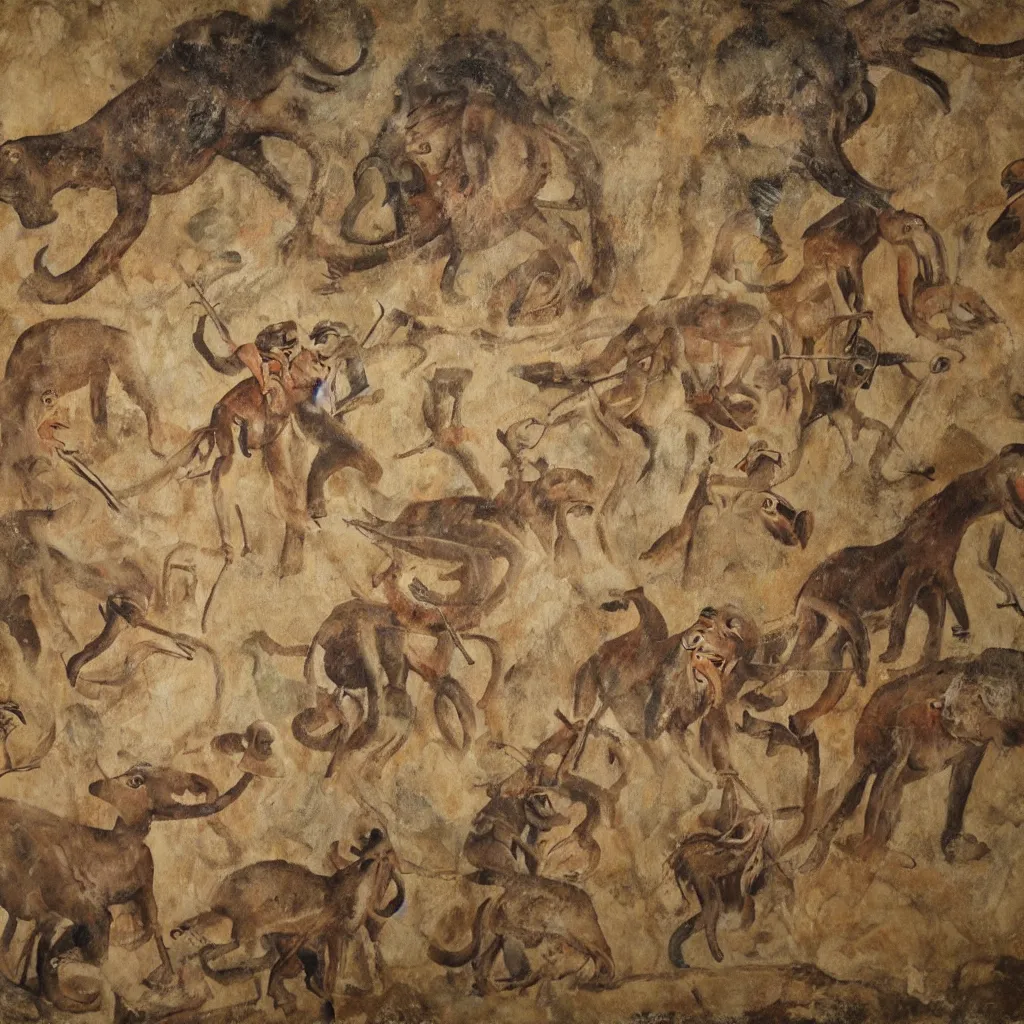 Prompt: prehistorical fresco of muppets hunting mammoth, cave wall, spotlight, hard light, finger painting