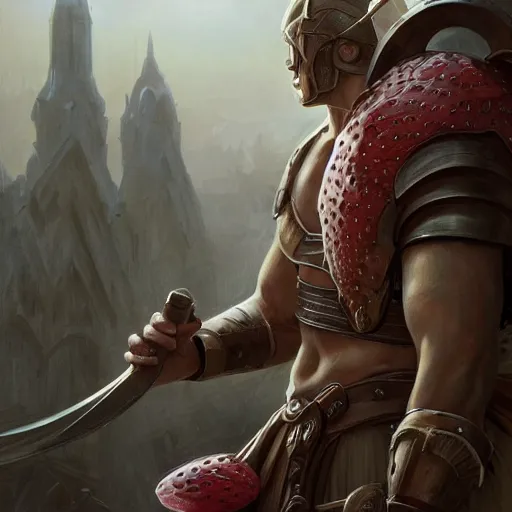 Image similar to epic portrait A spartan buff man with armor licking strawberry ice cream, digital painting, artstation, concept art, soft light, hdri, smooth, sharp focus, illustration, fantasy, intricate, elegant, highly detailed, D&D, matte painting, in the style of Greg Rutkowski and Alphonse Mucha and artemisia, 8k, highly detailed, jurgens, rutkowski, bouguereau, pastoral, rustic, georgic