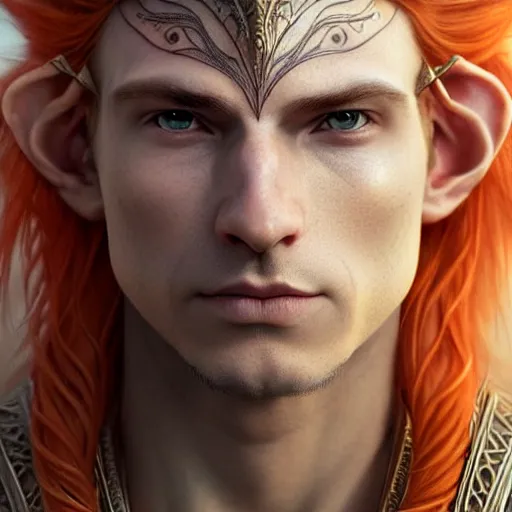 Image similar to portrait painting of a young elven man with a soft face and short light orange hair and tribal tattoos on his face wearing feather armor, ultra realistic, concept art, intricate details, eerie, highly detailed, photorealistic, octane render, 8 k, unreal engine. art by artgerm and greg rutkowski and charlie bowater and magali villeneuve and alphonse mucha