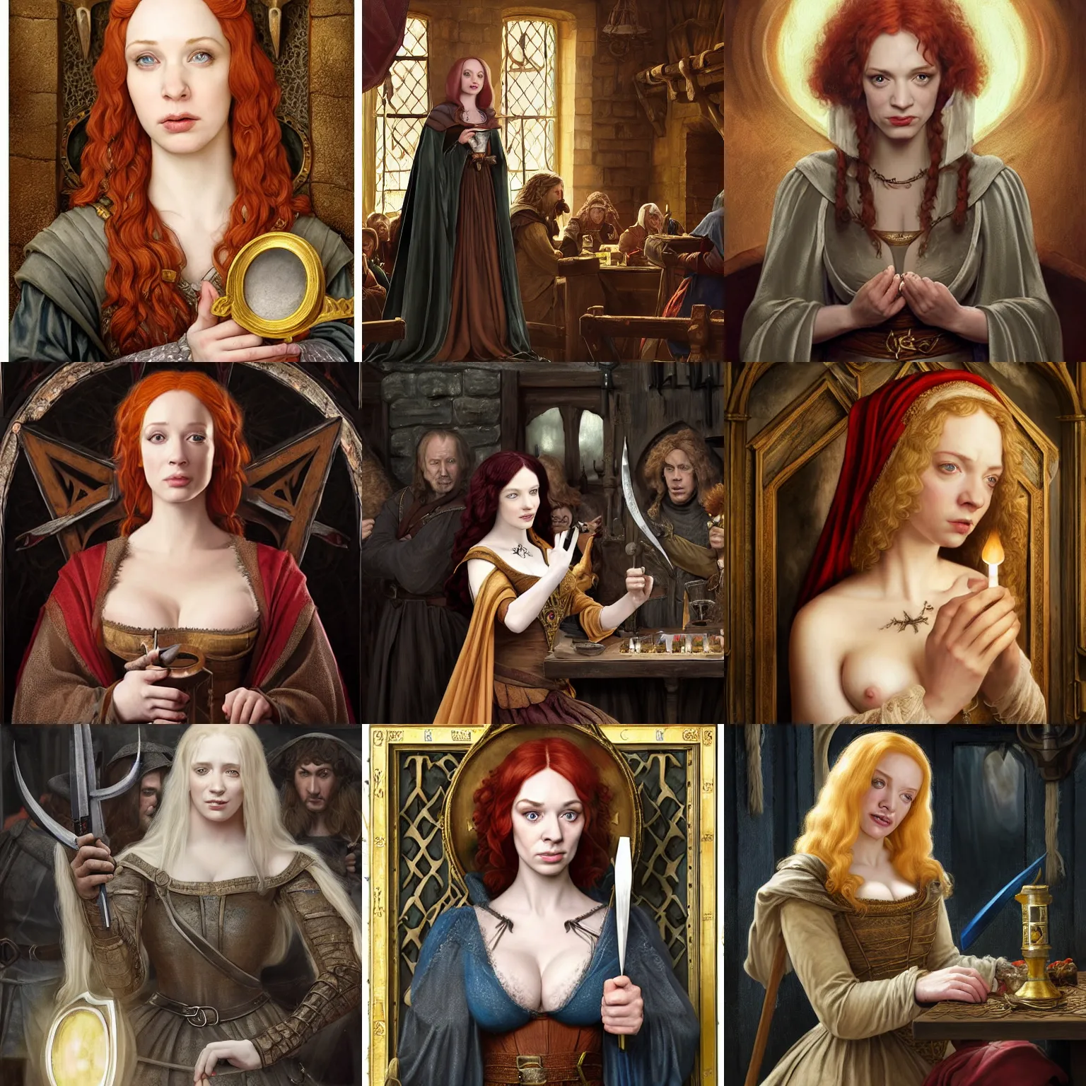 Prompt: shocked medieval christina hendricks in a tavern, holding a small hand - mirror, shocked expression on her face, screaming, she is shocked, warhammer, lord of the rings, intricate, highly detailed, digital painting, artstation, concept art, smooth, sharp focus, illustration, unreal engine 5, 8 k, art by artgerm and greg rutkowski and alphonse mucha