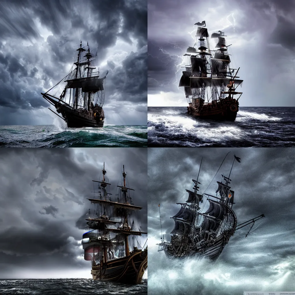 Prompt: The black pearl pirate ship sailing through a thunderstorm, 4k hdr, high detail