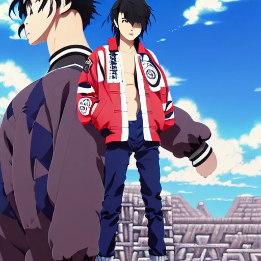 Image similar to a beautiful androgoynous anime boy gravure model, wearing oversized mayan bomber jacket and leotard with overalls, bulky poofy bomber jacket with mayan patterns, aztec street fashion, gapmoe yandere grimdark, trending on pixiv fanbox, painted by greg rutkowski makoto shinkai takashi takeuchi studio ghibli, akihiko yoshida