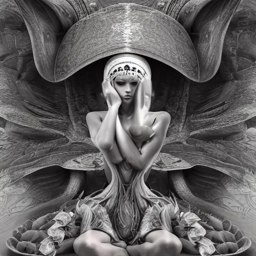 Image similar to mushroom goddess with extremely elegant headdress with group of elders in a ceremony for plant medicine, beautiful, marvelous designer, cloth physics, mocap, deviantart, yoshitaka amano, alex grey, black and white, beautiful lighting, photorealistic, concept art, perfect render, 3 d render, unreal engine, 8 k