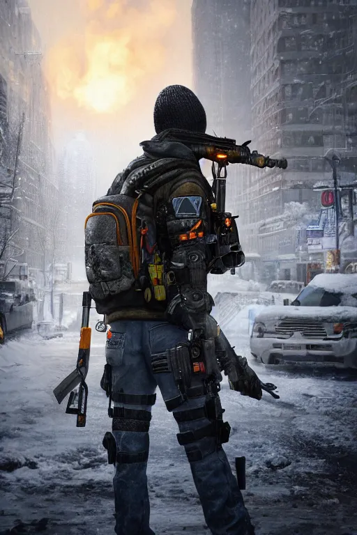 Prompt: close-up portrait of an cleaner from (Tom Clancy's The Division), (snowy new york in background), fires in background, high detail, digital art, matte painting, trending on artstation, by Tom Garden, by Marek Okon, by Abrar Khan