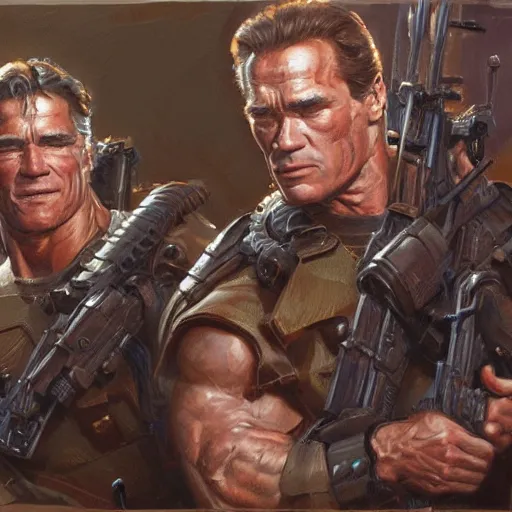 Prompt: Henry Caville and Arnold Schwarzenegger as soldiers, closeup character art by Donato Giancola, Craig Mullins, digital art, trending on artstation