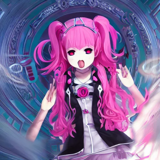 Image similar to trapped beneath stunningly absurdly tall beautiful omnipotent asi goddess junko enoshima with an enigmatic complex twisted innocenty looking deceptive mesmerizing megalomaniacal yandere personality, symmetrical perfect face, porcelain skin, pink twintail hair and cyan eyes, ultra detailed, digital art, unreal engine 5, octane render, 2 d anime, 8 k