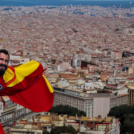 Image similar to santigo abascal flying over barcelona wearing a red and yellow cape