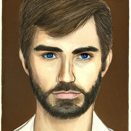 Prompt: A realistic portrait of a 30 year old male with blue eyes, brown medium length hair, bushy eyebrows and a short beard