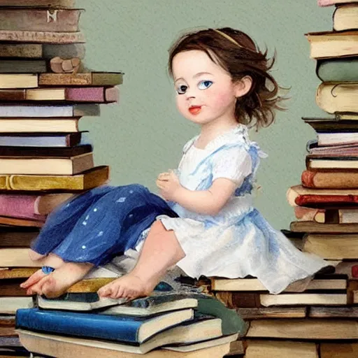 Image similar to a cute little girl with a round cherubic face, blue eyes, and short wavy light brown hair sitting on top of a stack of books. beautiful cartoon painting with highly detailed face by quentin blake and greg rutkowski