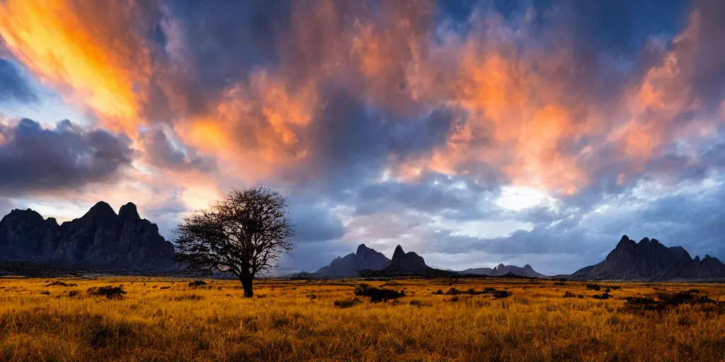 Prompt: award winning landscape photography by colin prior, lone tree in foreground with jagged mountains in background, sunset, dramatic lighting, clouds, atmospheric