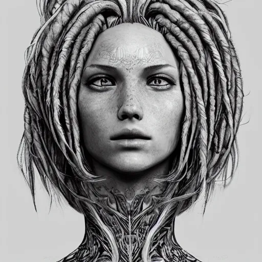Image similar to the head of a beautiful blonde dreadlocked young woman, an ultrafine detailed illustration by james jean, final fantasy, intricate linework, bright colors, behance contest winner, vanitas, angular, altermodern, unreal engine 5 highly rendered, global illumination, radiant light, detailed and intricate environment