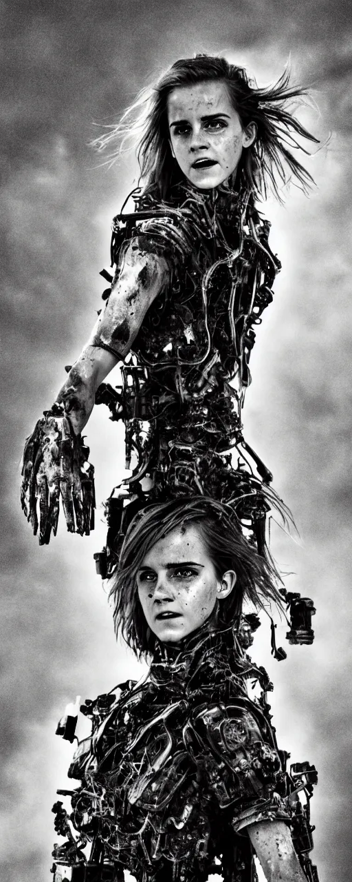 Image similar to photorealistic Emma Watson closeup angry tired fighting yelling warface fractal mecha spinal chord fractal armour twin sisters action poses dishevelled photorealistic portrait grimy sweating bloody oily wet face dirty t-shirt and torn jeans in broken biomechanical fractal armour abandoned exploding sci-fi abandoned coal power station being reclaimed by the jungle, cinematic lighting, dark and dim atmospheric smog trending on artstation 8k matte painting, dramatic lighting, dramatic shadows professional photograph by beautiful detailed intricate insanely detailed octane render, 8k artistic photography, photorealistic, chiaroscuro, by David Cronenberg, Raphael, Caravaggio and Greg Rutkowski