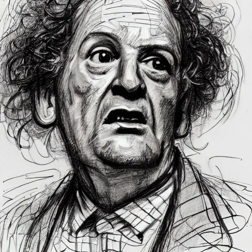 Image similar to a realistic yet scraggly portrait sketch of the side profile of a stern and sophisticated larry fine, trending on artstation, intricate details, in the style of frank auerbach, in the style of sergio aragones, in the style of martin ansin, in the style of david aja, in the style of mattias adolfsson