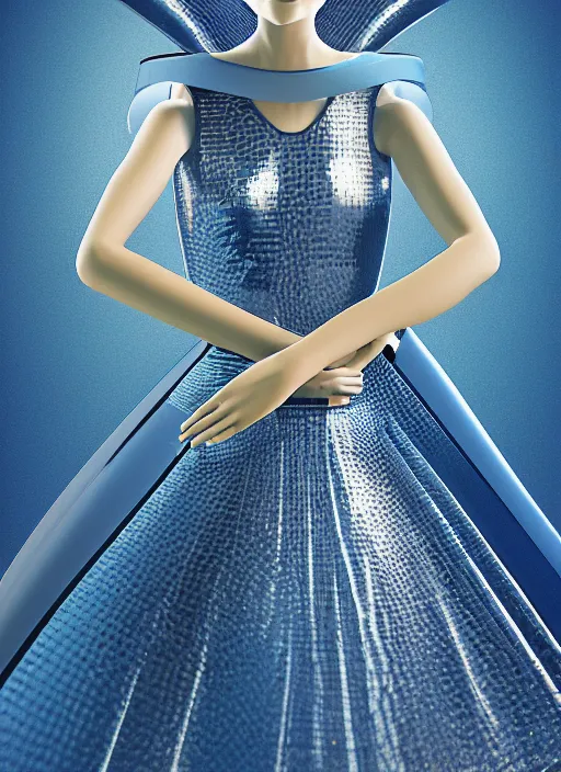 Prompt: a digital portrait of an european girl detailed features wearing a cyber latex suit wedding dress - synthetic materials imac bondi blue 1 9 9 8 by issey miyake by ichiro tanida and mitsuo katsui