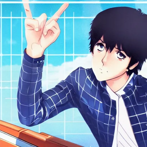 Image similar to anime illustration of young Paul McCartney from the Beatles, wearing a blue and white check shirt and watch, relaxing on a yacht at sea, screenshot from Your Name (2016)