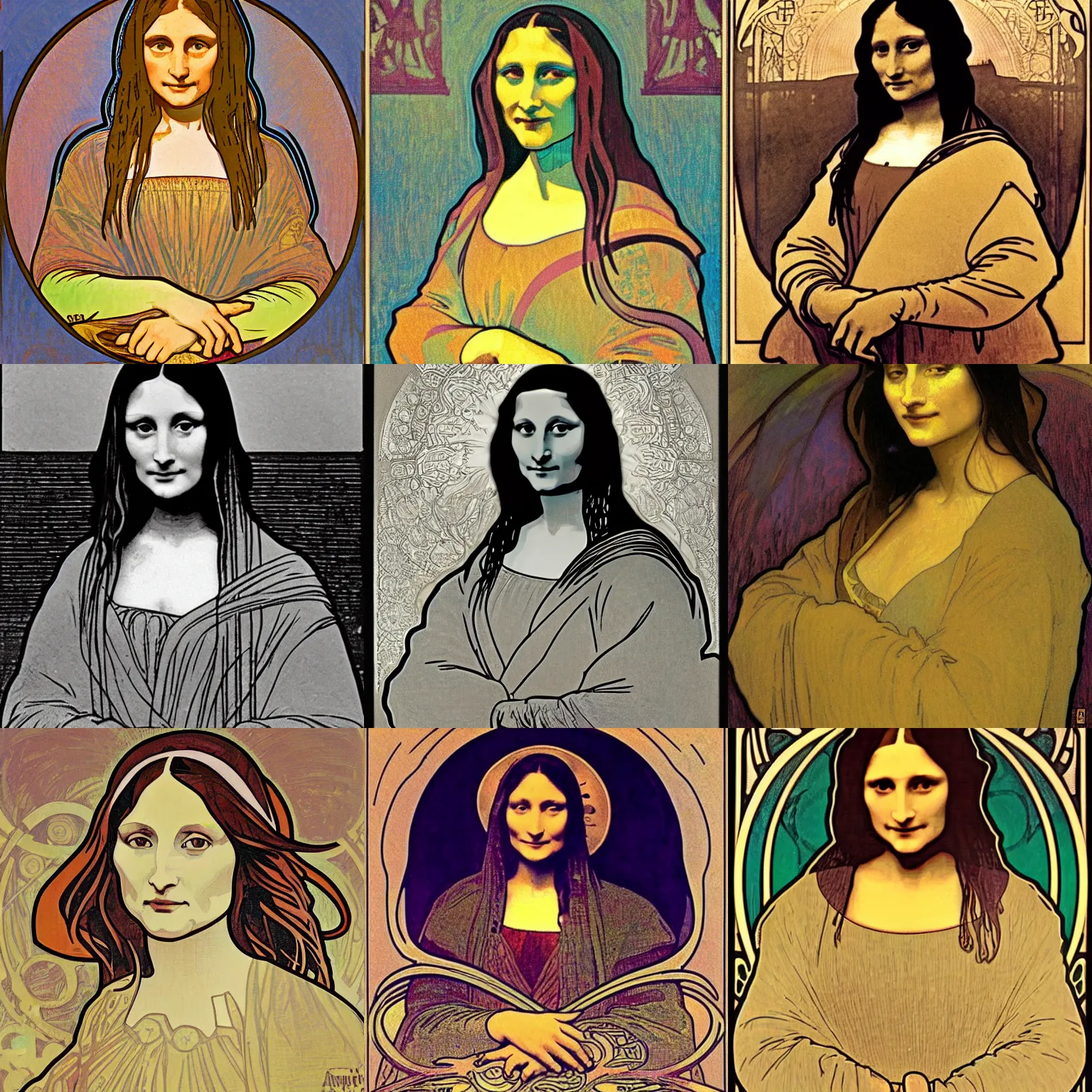 Prompt: alphonse mucha mona lisa lisa by alphonse mucha