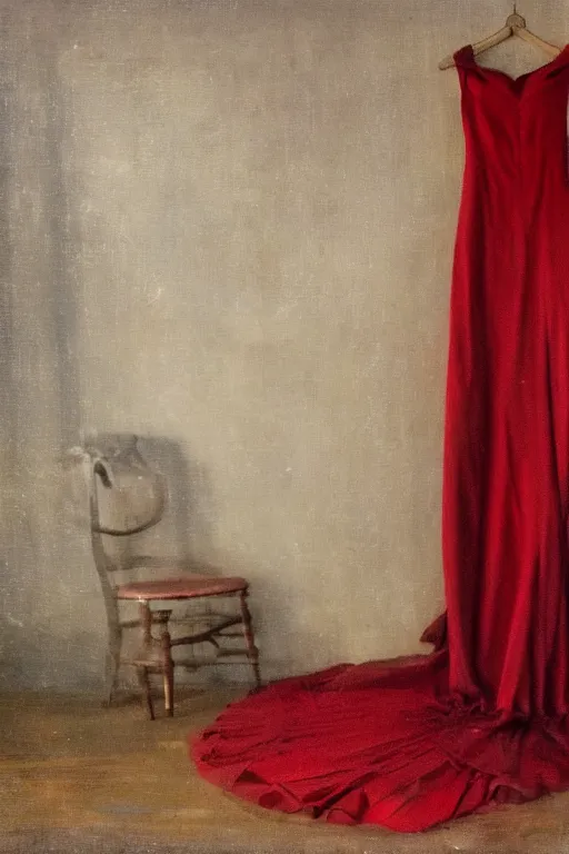 Image similar to an empty red dress laid across a chair in a dark victorian era room. in the style of american impressionism painting.