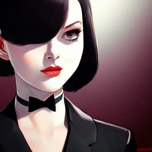 Image similar to slim killer girl in tuxedo with black bob hair, elegant, 2d, ultra highly detailed, digital painting, smooth, sharp focus, artstation, art by Ilya Kuvshinov