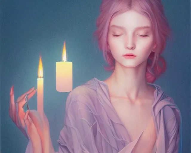 Image similar to highly detailed pastel colors painting of an symmetric ethereal witch with a candle, morphing into autumn leaves, by artgerm and hsiao - ron cheng, smooth composition, fine patterns and detail