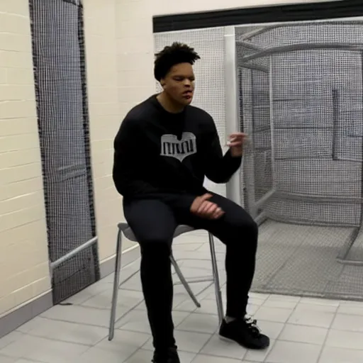 Prompt: photo of miles bridges singing in jail cell
