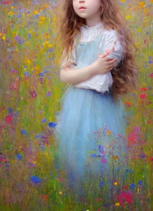 Prompt: a cute little girl with short light brown curly hair and blue eyes standing in a field of colorful wildflowers. beautiful ethereal painting by ruan jia