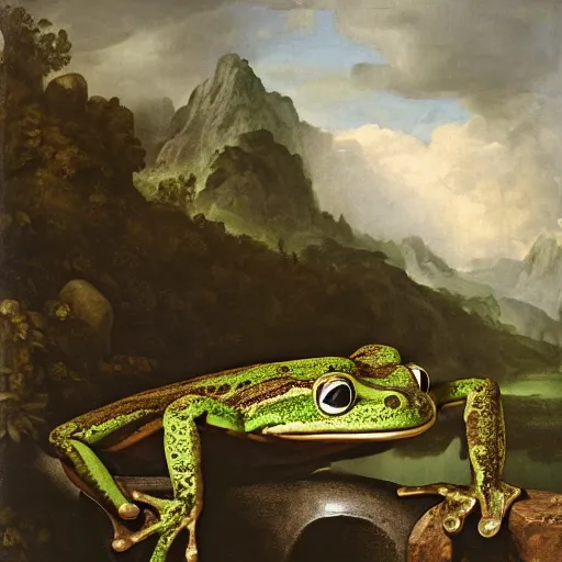 Image similar to a happy frog by Ansel Adams and Bernardo Bellotto, oil on canvas, artstation, dramatic scenery, masterpiece, aesthetic