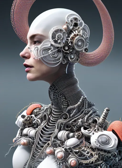 Image similar to portrait of an absurdly beautiful, graceful, sophisticated, fashionable cyberpunk mechanoid, hyperdetailed illustration by irakli nadar and alexandre ferra, intricate linework, white porcelain skin, faberge, coral headdress, unreal engine 5 highly rendered, global illumination, radiant light, detailed and intricate environment