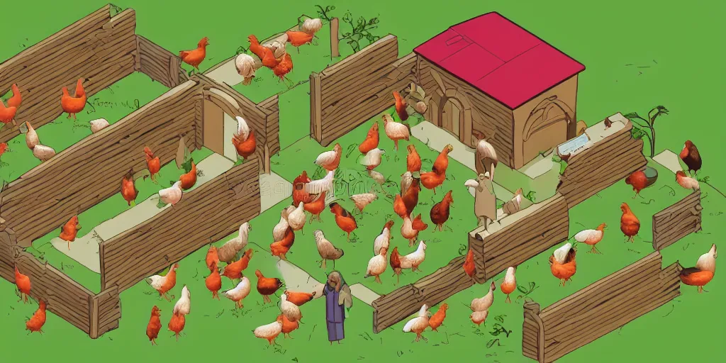 Image similar to Jesus is feeding the chickens, isometric illustration