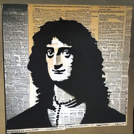 Image similar to individual isaac newton with a big wig silk screen banksy style