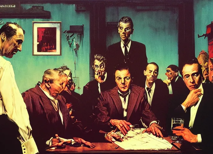 Prompt: a still from the movie godfather by of francis bacon, surreal forest, norman rockwell and james jean, greg hildebrandt, and mark brooks, triadic color scheme, by greg rutkowski, in the style of francis bacon and syd mead and edward hopper and norman rockwell and beksinski, dark surrealism, open ceiling