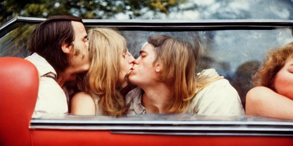 Image similar to 1 9 7 0 s car window closeup, young man and woman kissing in the back seat, coloured film photography, elliott erwitt photography