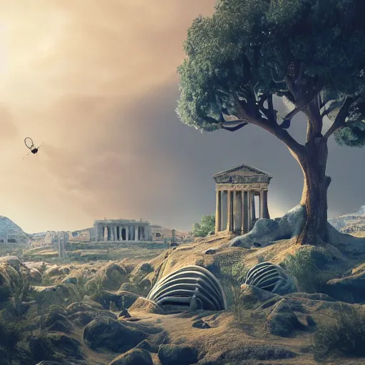 Image similar to Pixar movie still about an alien invasion Ancient Athens, UFOs, portrait, intricate, 8k highly professionally detailed, HDR, CGsociety