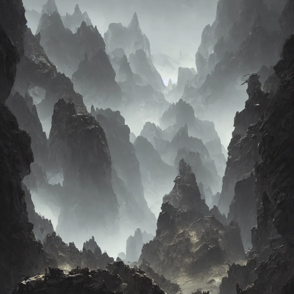 Prompt: Orkland. Black, rocky plain. Sharp cliffs, craggy mountains, vast barren plains belching sulfur gases, musty swamps and numerous cave systems. a fantasy digital painting by Greg Rutkowski and James Gurney, trending on Artstation, highly detailed