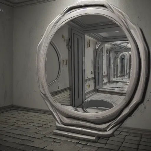 Prompt: a portal to a different universe, floating mirrors, octane rendor, 8 k, hd, detailed, award winning