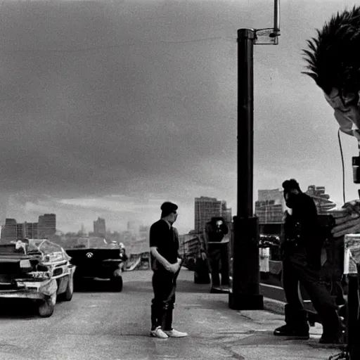 Prompt: extreme wide angle photo of godzilla taking a smoking break between filming setups